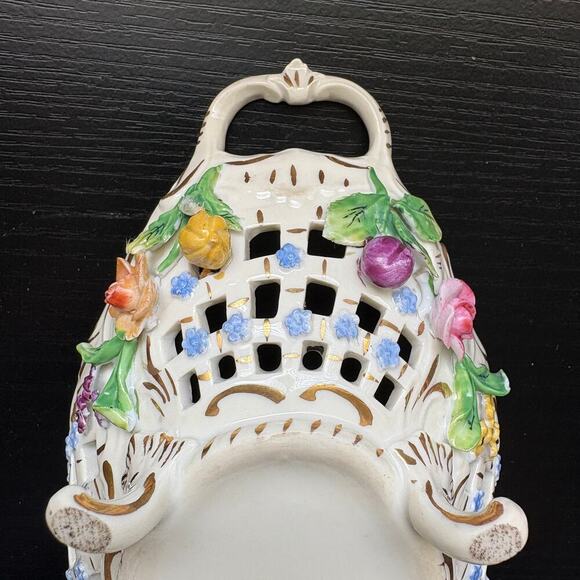 Antique Dresden Carl Thieme Signed Lattice Oval Bowl w/ Porcelain Flowers READ - Picture 5 of 12